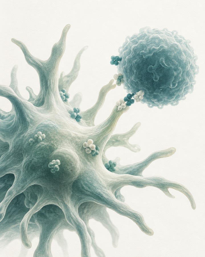 Illustration of a dendritic cell presenting surface markers to a T cell